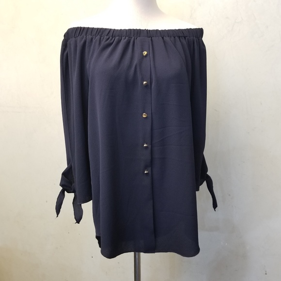 Suzy Shier Tops - Suzy Shier navy off the shoulder top (A-09)